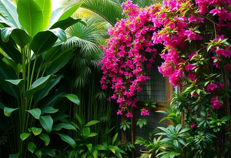 Which exotic plants work best as natural privacy screens in a tropical landscape?