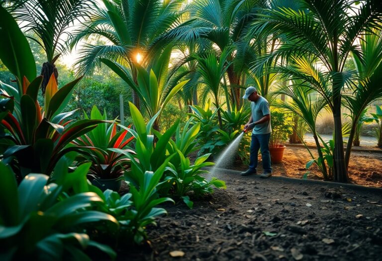 What are the ideal watering practices for sustaining a tropical garden during dry spells?