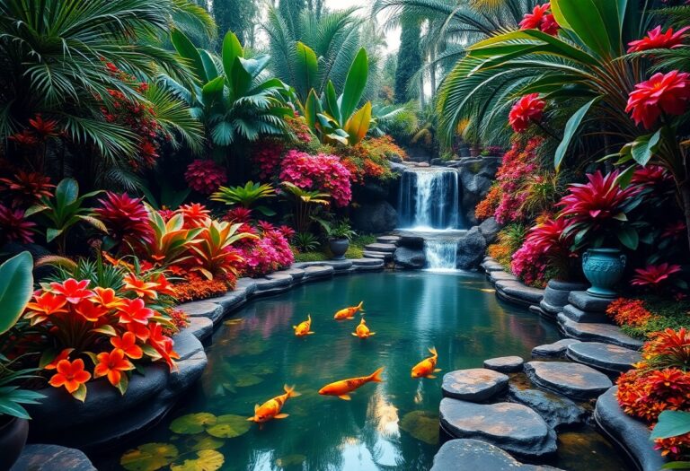 How do I incorporate water features to enhance the ambiance of a tropical garden?