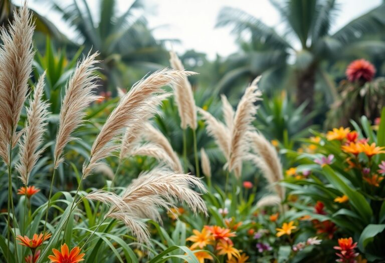 Which ornamental grasses add texture and movement to a tropical landscape?